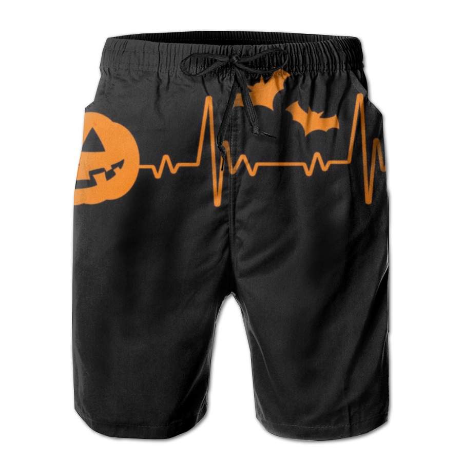 2 Pack Halloween Pumpkin Heartbeat Pulse Horizontal Poster Men Swim Trunks Drawstring Elastic Waist Quick Dry Beach Shorts with Mesh Lining Swimwear Bathing Suits