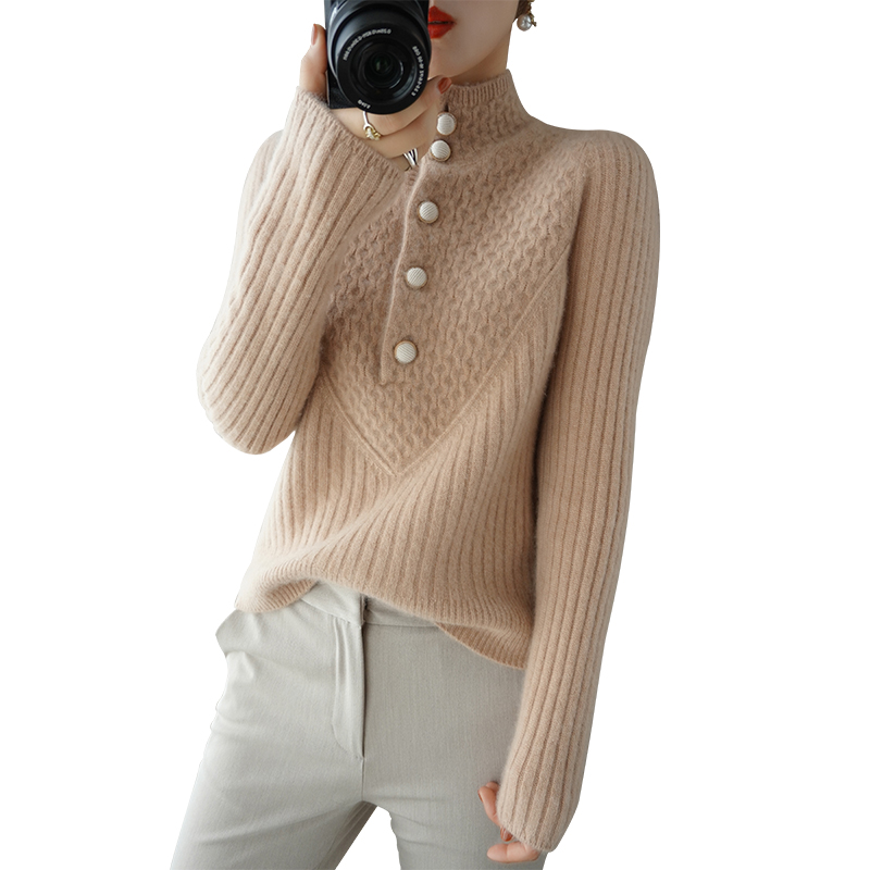 Cashmere sweater women’s lapel pullover long-sleeved sweater ladies knit solid color base autumn and winter 100%wool sweater hot alx