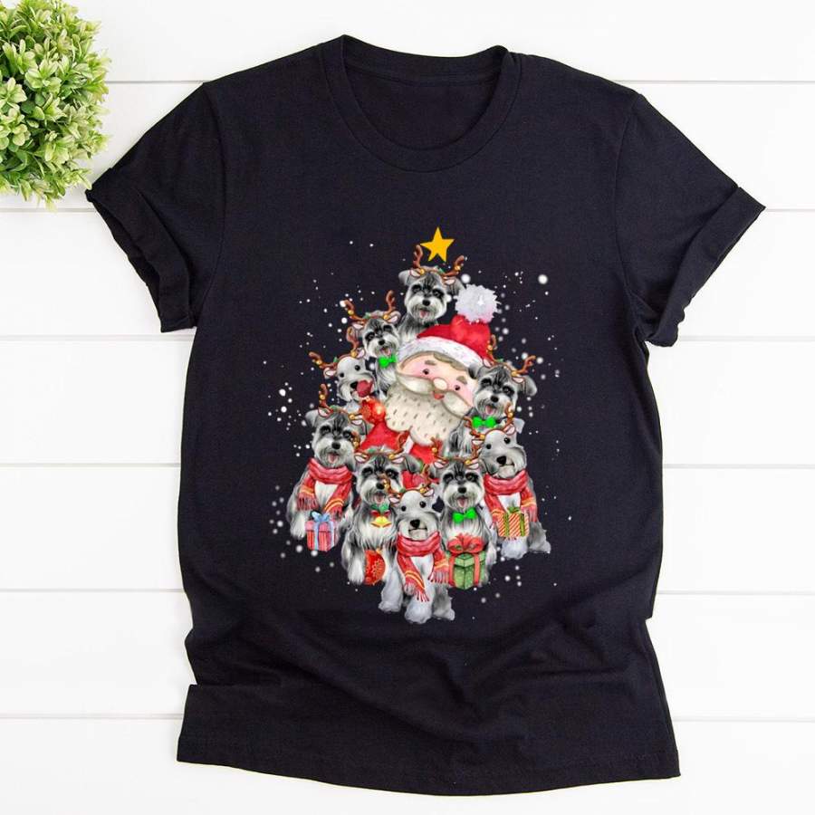 Schnauzer santa and lovely reindeer merry christmas great cute shirt for dog lover snow winter happy holiday xmas gift black cotton t shirt for men and women S-6XL