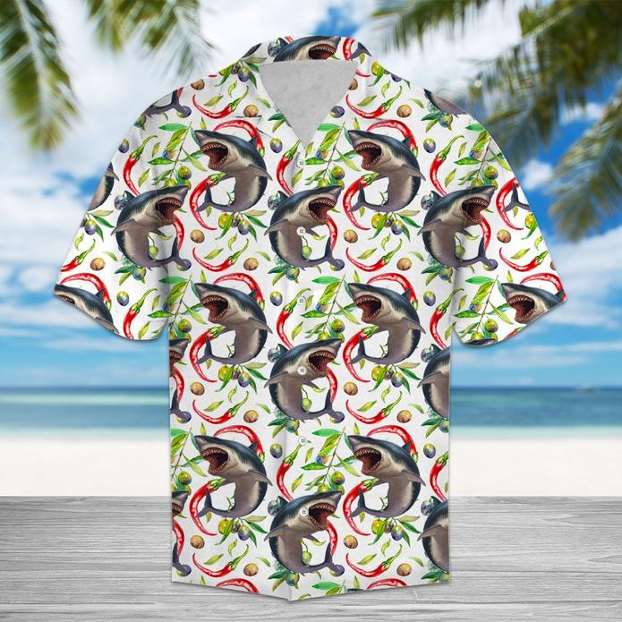 Hot Chili Peppers And Shark Tropical Polyester Hawaii Shirt Ha51826