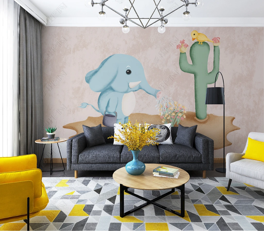 3D Hand-Painted Cartoon Elephant Cactus Wall Mural Wallpaper Sww3122