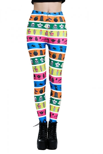 Plus Size Elastic Skull Animals Print Color Block Halloween Leggings