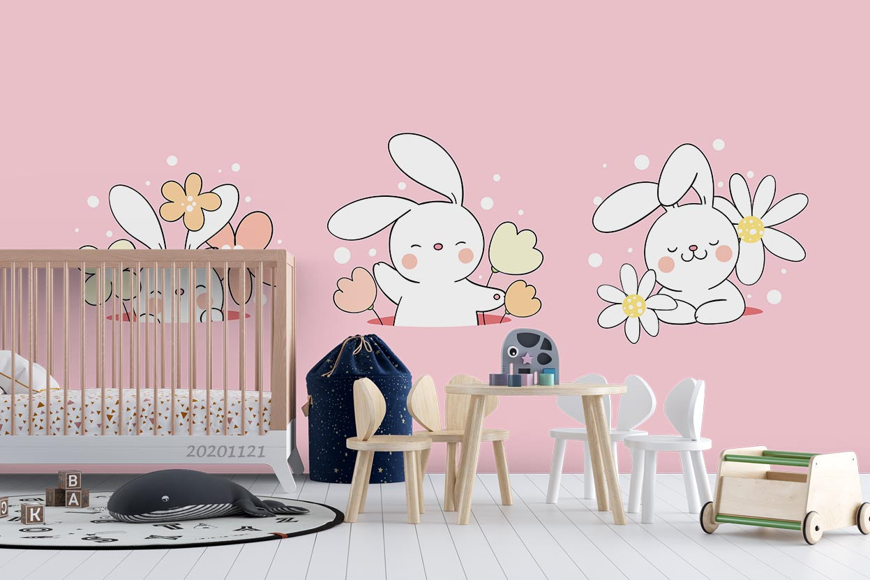 3D Cartoon Animal Bunny Floral Pink Wall Mural Wallpaper Lqh 61