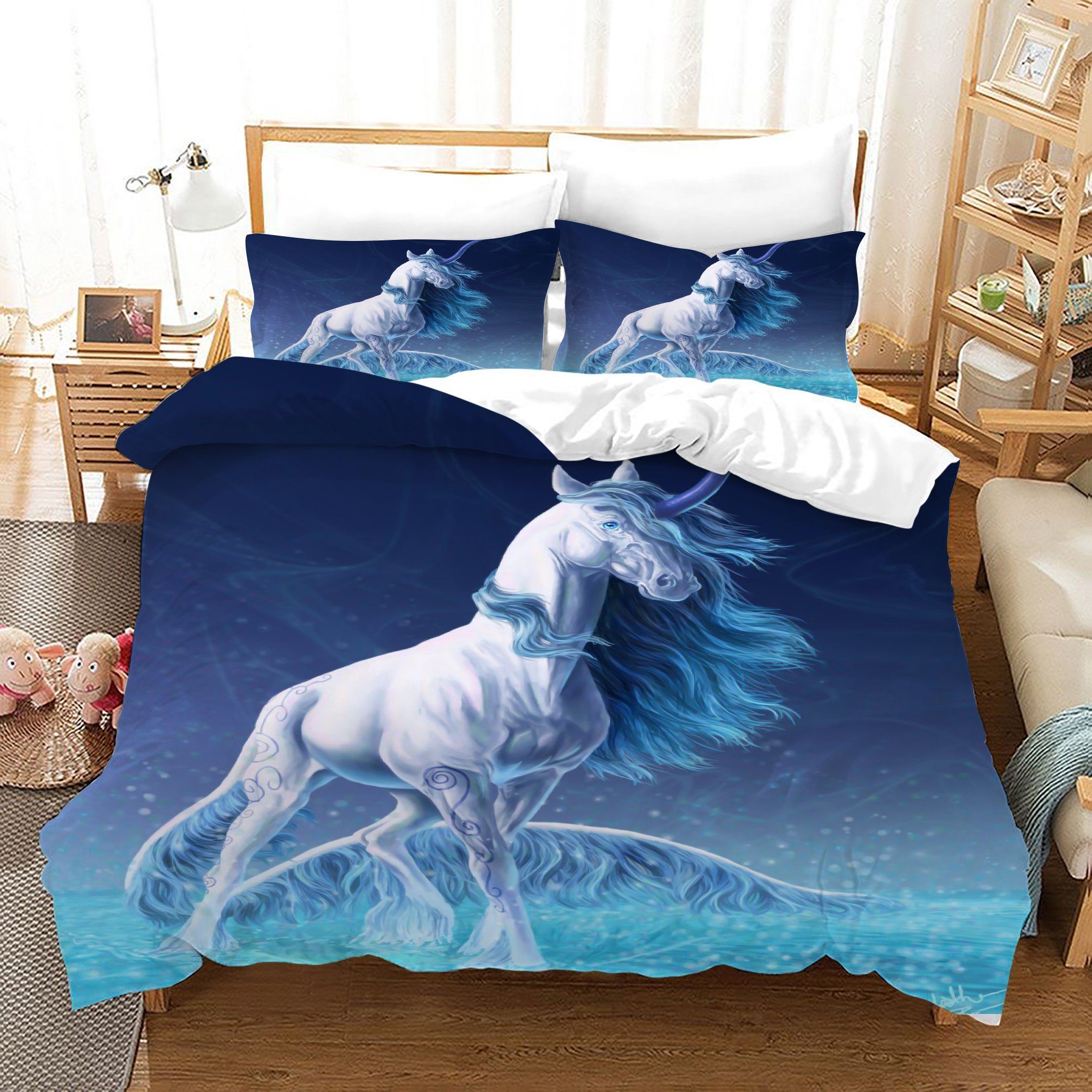 3D Blue Wind Dreamlike Unicorn Bedding Set Bedroom Decor