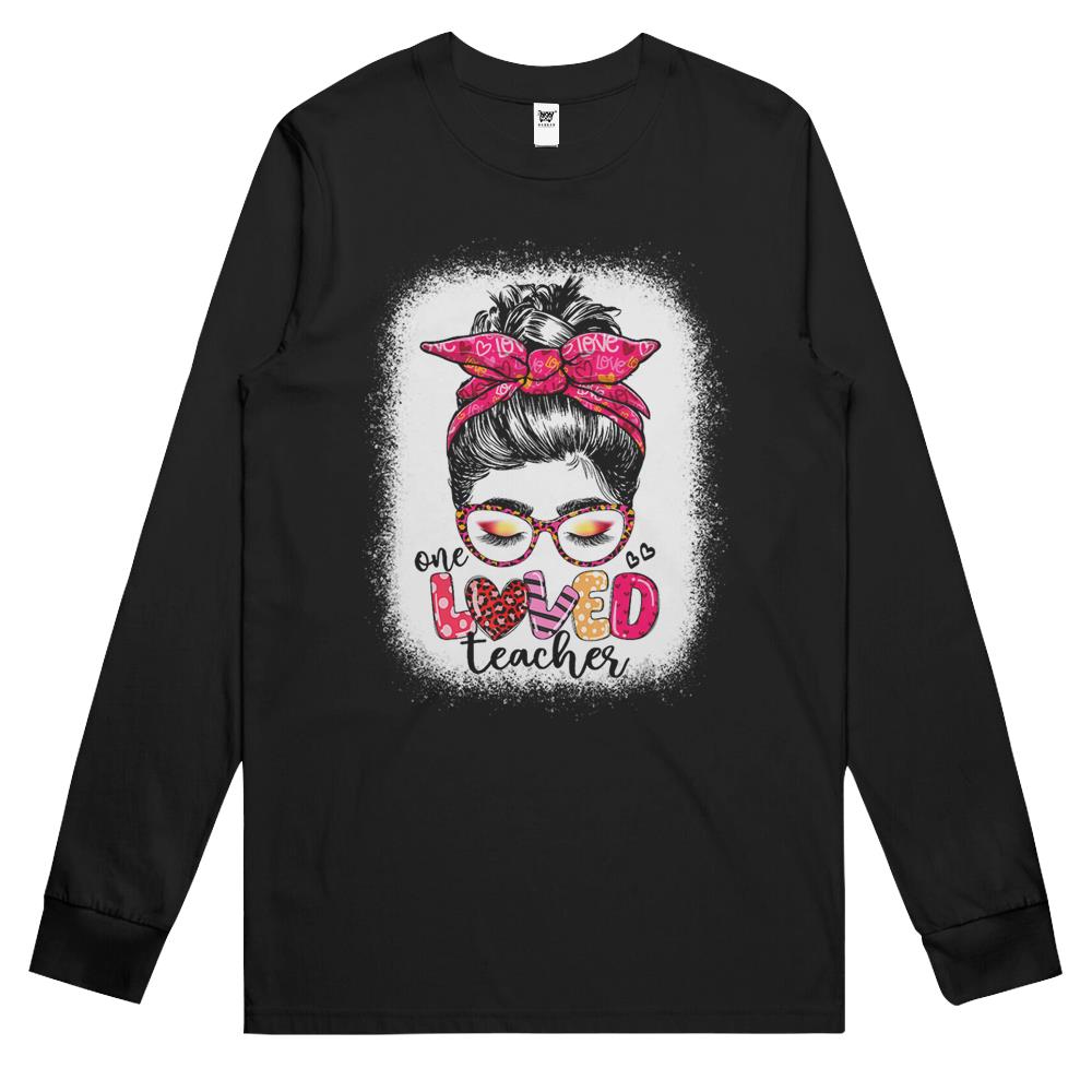 One Loved Teacher Messy Bun Womens Teachers Valentine’S Day Long Sleeve T Shirts