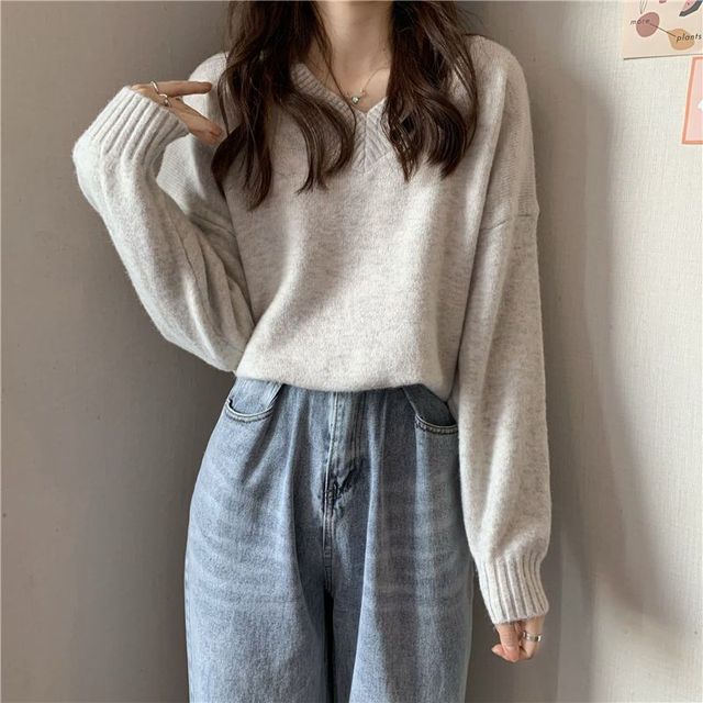 Yasuk Autumn Winter Fashion Woman Solid Casual Pullover V Neck Women’s Soft Loose Tees Knitted Top AllMatch Gentle Warm Sweater alx