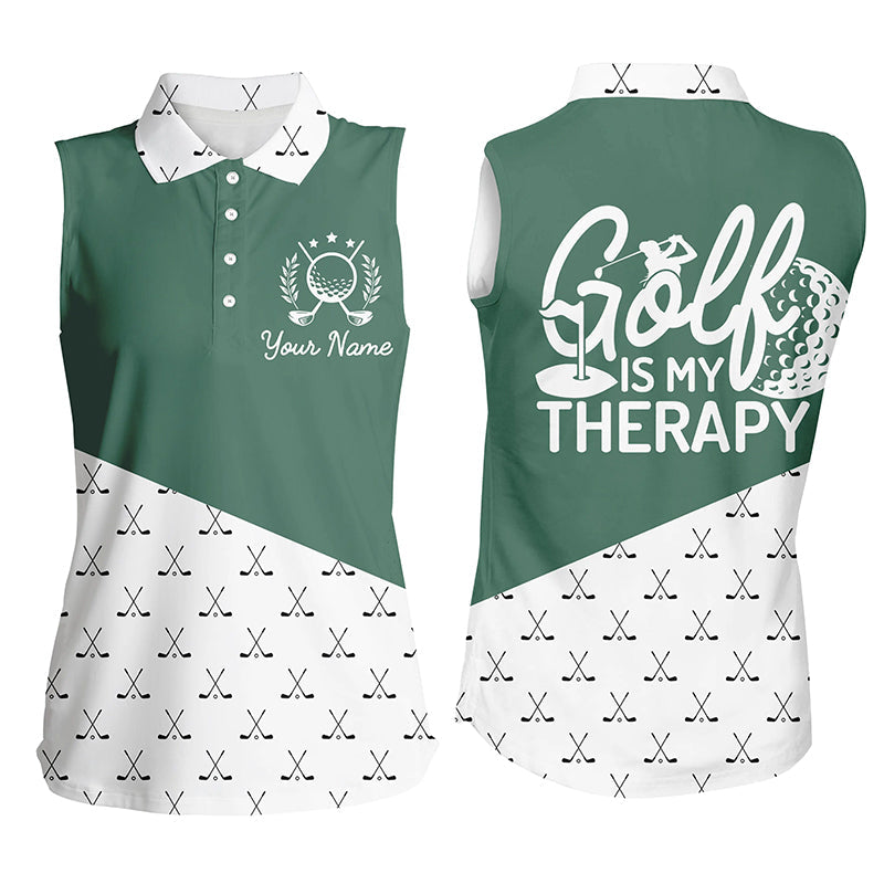 Golf Is My Therapy Womens Sleeveless Polo Shirt Custom Green Golf Clubs Pattern Golf Shirts For Women