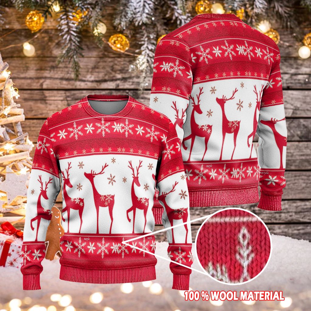 Unifinz Reindeer Sweater Reindeer Christmas Snowflakes Pattern Red And White Ugly Sweater 2022