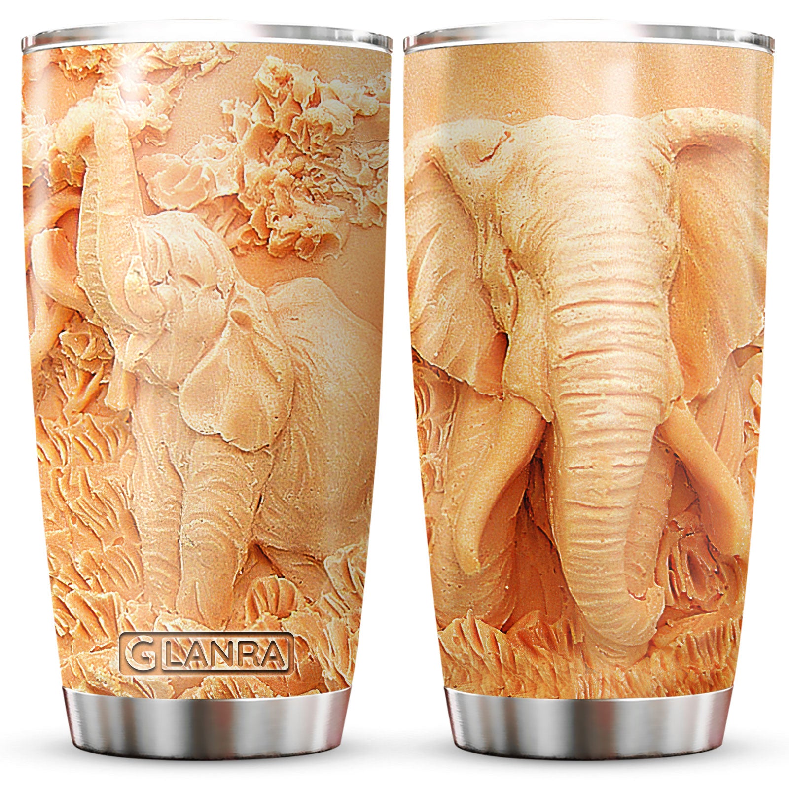 Wood Elephant Sculpture Pattern Tumbler, Elephant Tumbler, Glitter Water Bottle, Stainless Steel Tumbler, Metal, Insulated