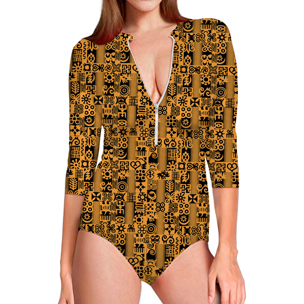 West African Adinkra Tribe Symbols Long Sleeve One Piece Swimsuit