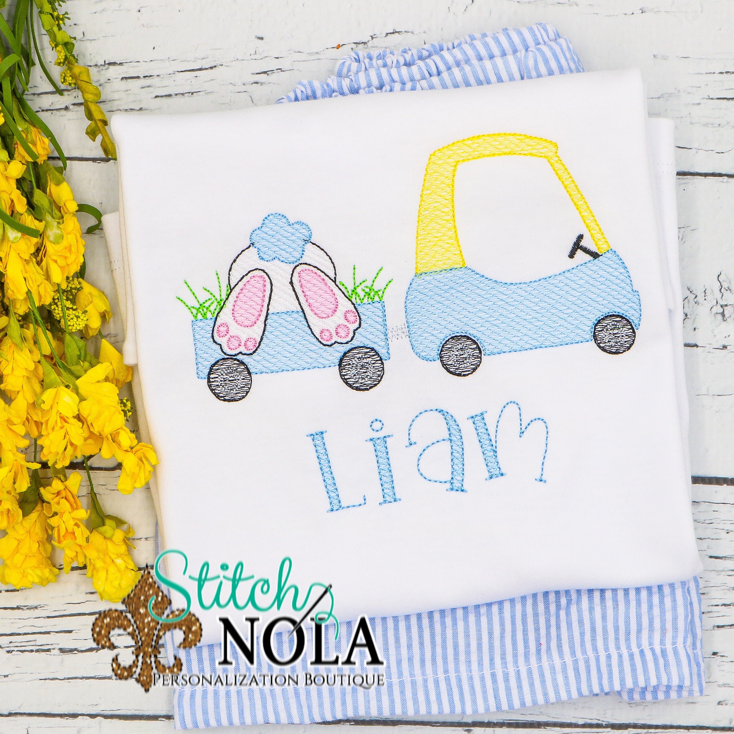 Personalized Coupe Pulling Easter Bunny In Wagon Sketch Shirt