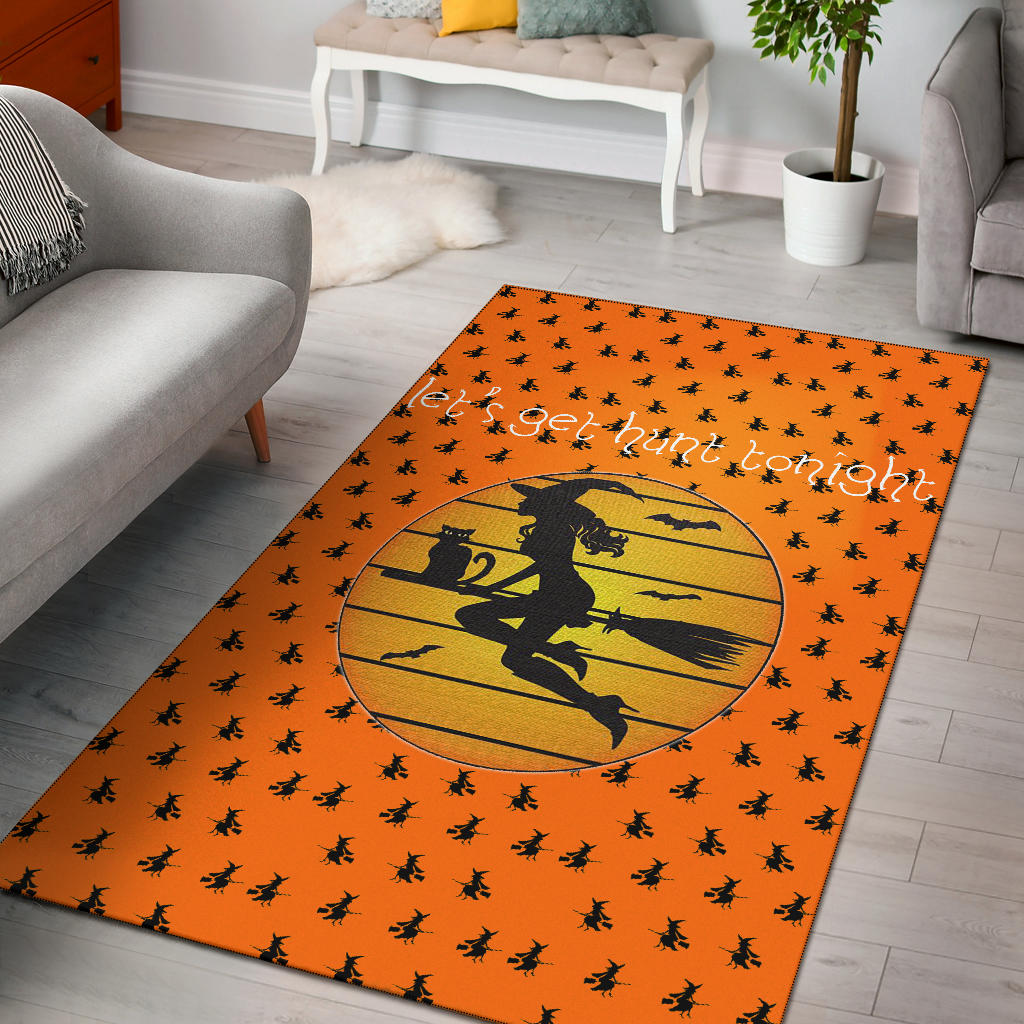 Halloween Area Rug | Witch On Broom And Cat Silhouette Patterns Rugs Home Decor