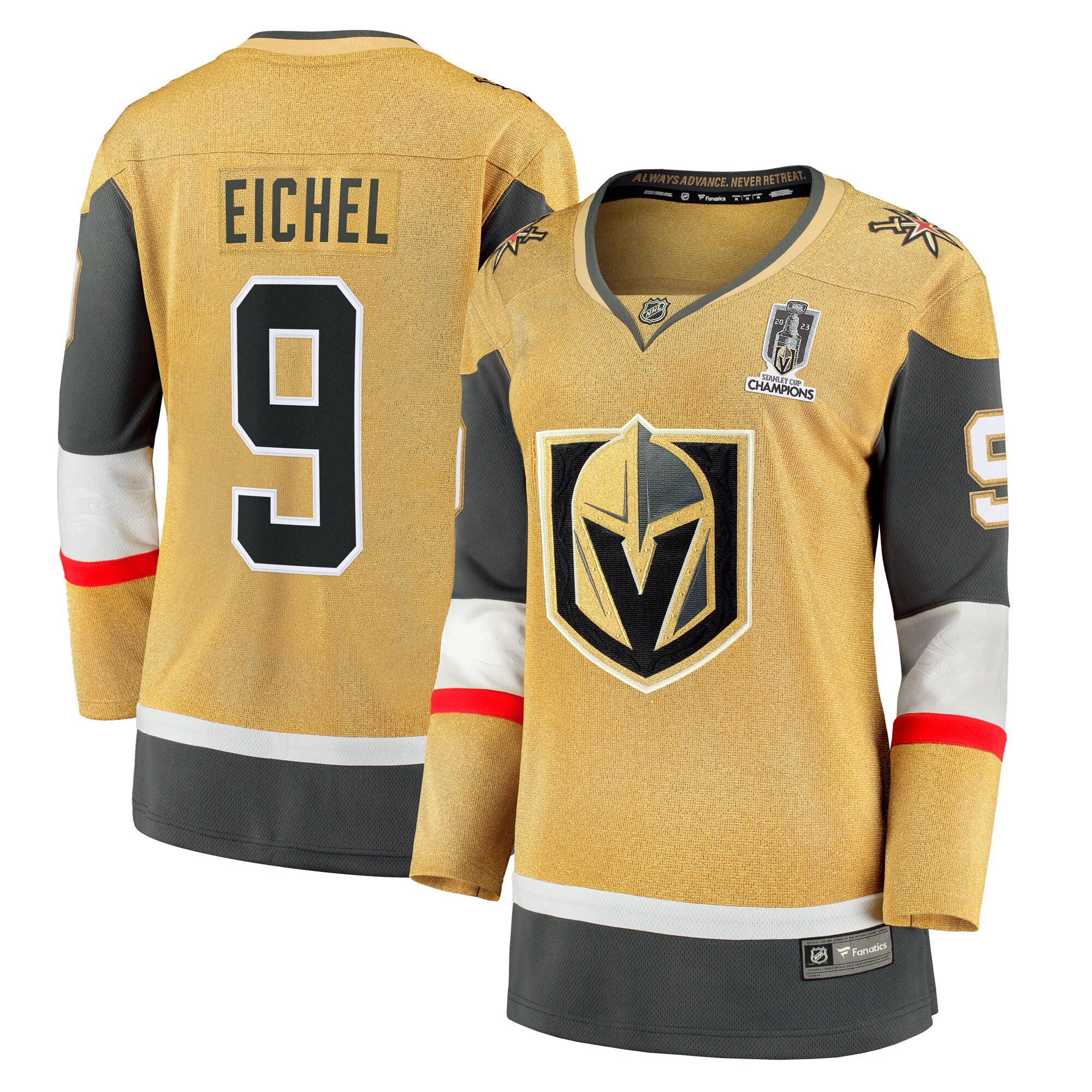 Women's Vegas Golden Knights Jack Eichel Gold 2023 Stanley Cup Champions Home Breakaway Player Jersey