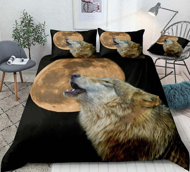 Black 3D Wolf Full Moon Animals Duvet Cover Set, Microfiber Fabric, Twin/Full/Queen/King Bedding