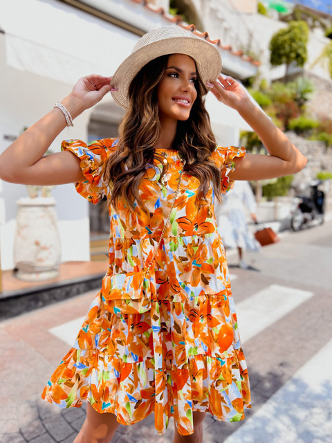 Summer Fashion Print A-line Dress Women O-neck Short Sleeve Ruffles Casual Loose Mini Dress 2022 Ladies Holiday Beach Dresses alx