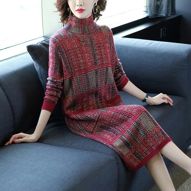 Women’s High-Necked Wool Knit Dress Jacquard Casual Over-The-Knee Dress Loose Print Dress Women’s High-Grade Dress alx