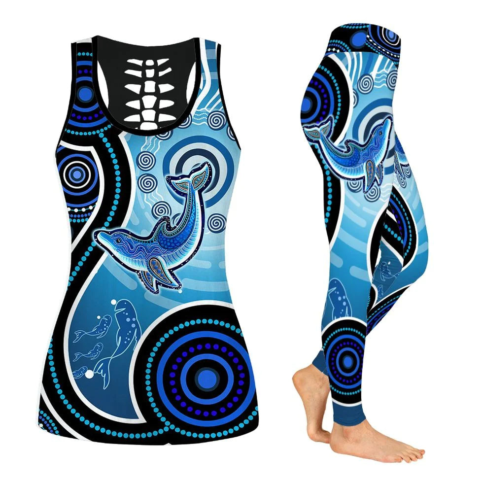 Dolphin And Indigenous Dot Set Hollow Tank Top Legging, Blue Tanktops For Summer, Women’S Leggings