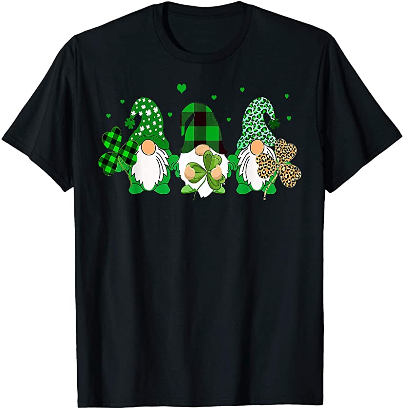 Three Gnomes Holding Shamrock Leopard Plaid St Patrick’s T-Shirt