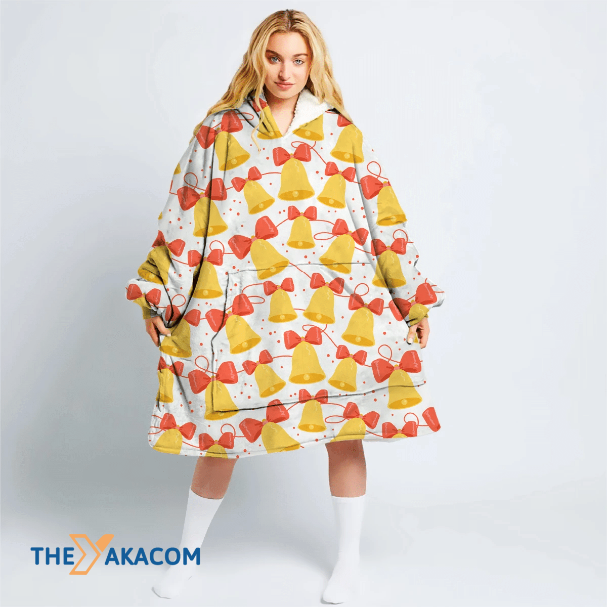 Bright Yellow Jingle Bells With Red Bows And Ribbons Hoodie Blanket