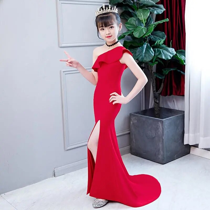 2022 High-End Children Evening Gown Kids Catwalk Teens Asymmetrical Red Mermaid Princess Dress For Girls Birthday Party Vestidos alx