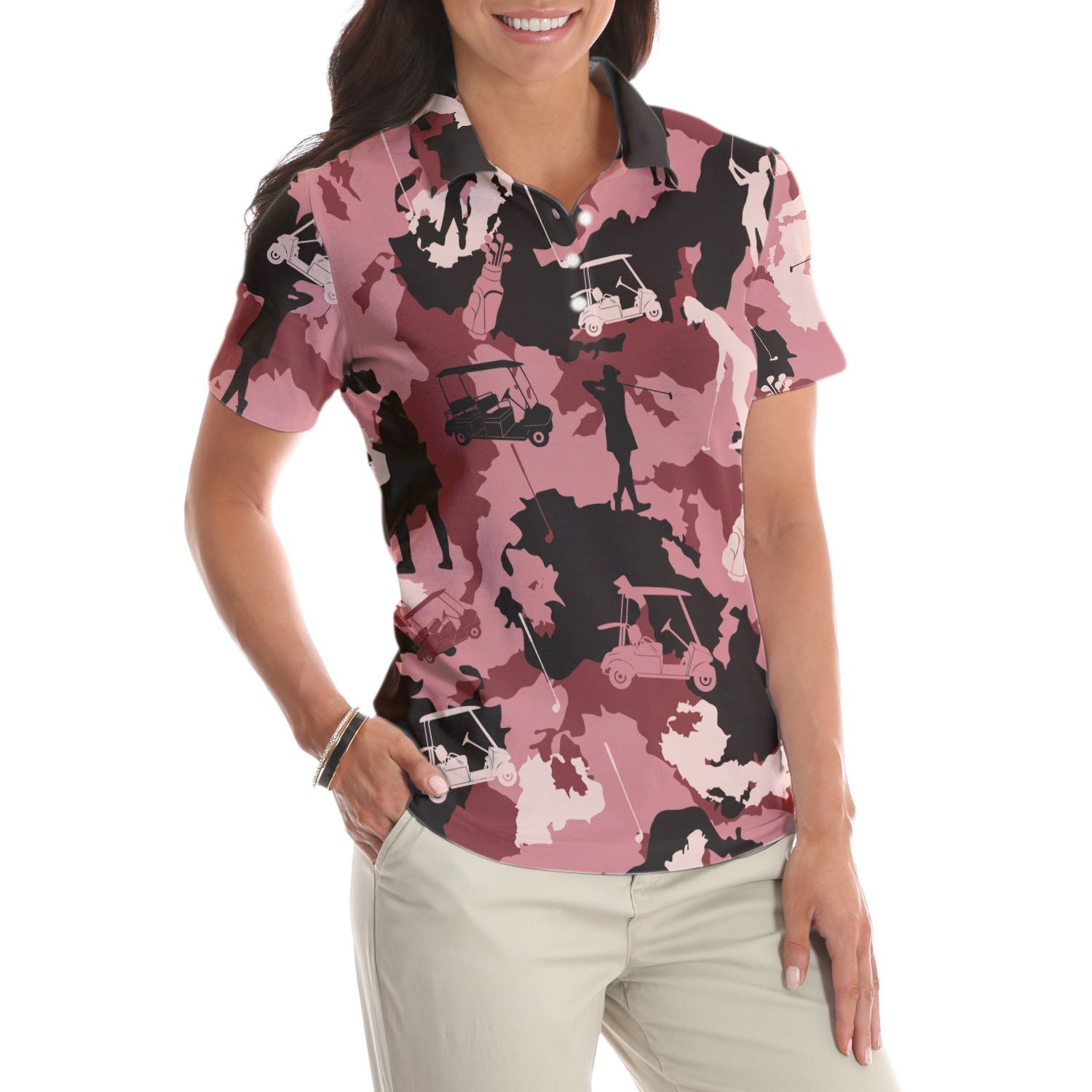 Golf Girl Camouflage Short Sleeve Women Polo Shirt, Pink Camo Golf Shirt For Ladies, Cool Golf Gift For Women Coolspod