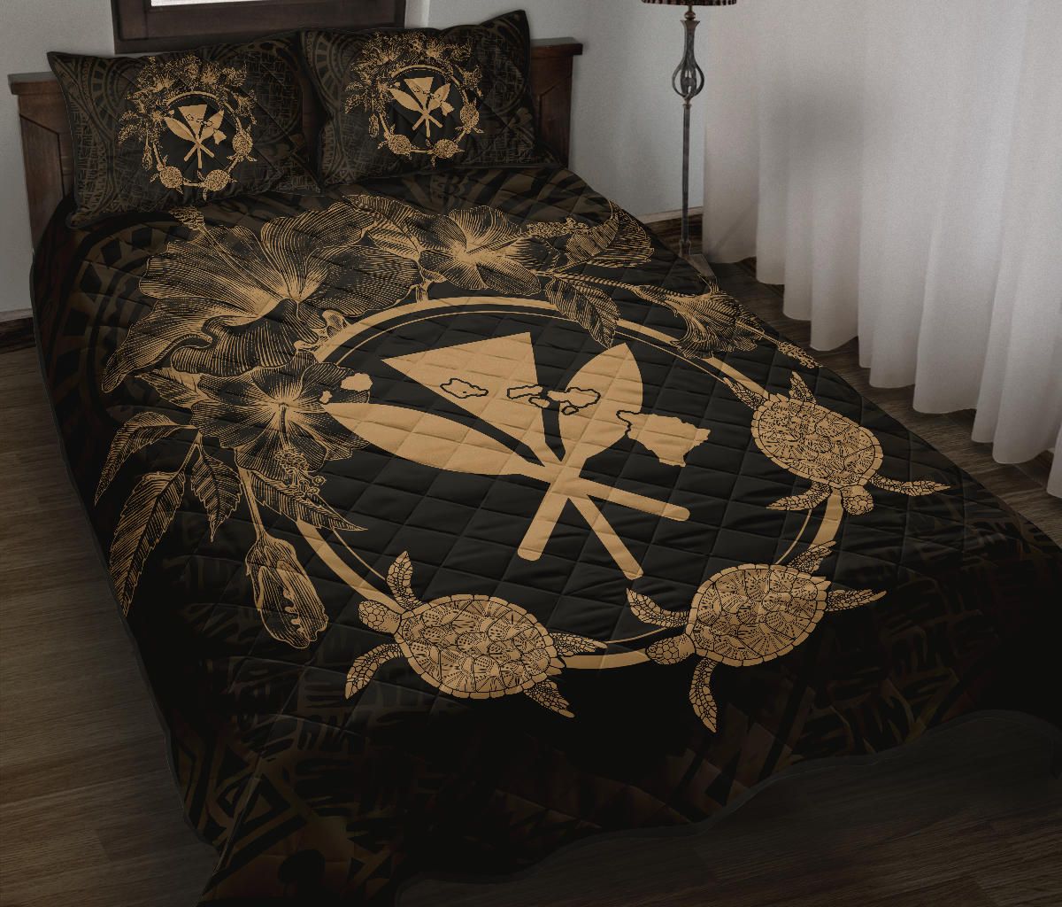 Alohawaii Home Set – Hawaii Kanaka Turtle Hibiscus Polynesian Quilt Bed Set – Anthea Style Gold – Ah – J4