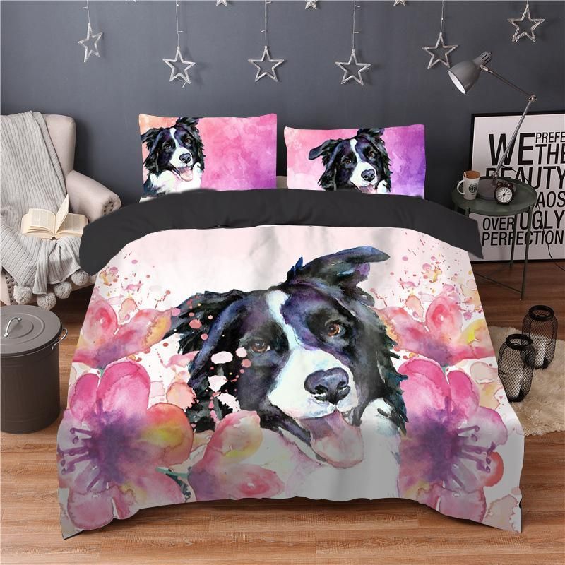 Border Collie Pink Flower Bedding Set All Over Prints