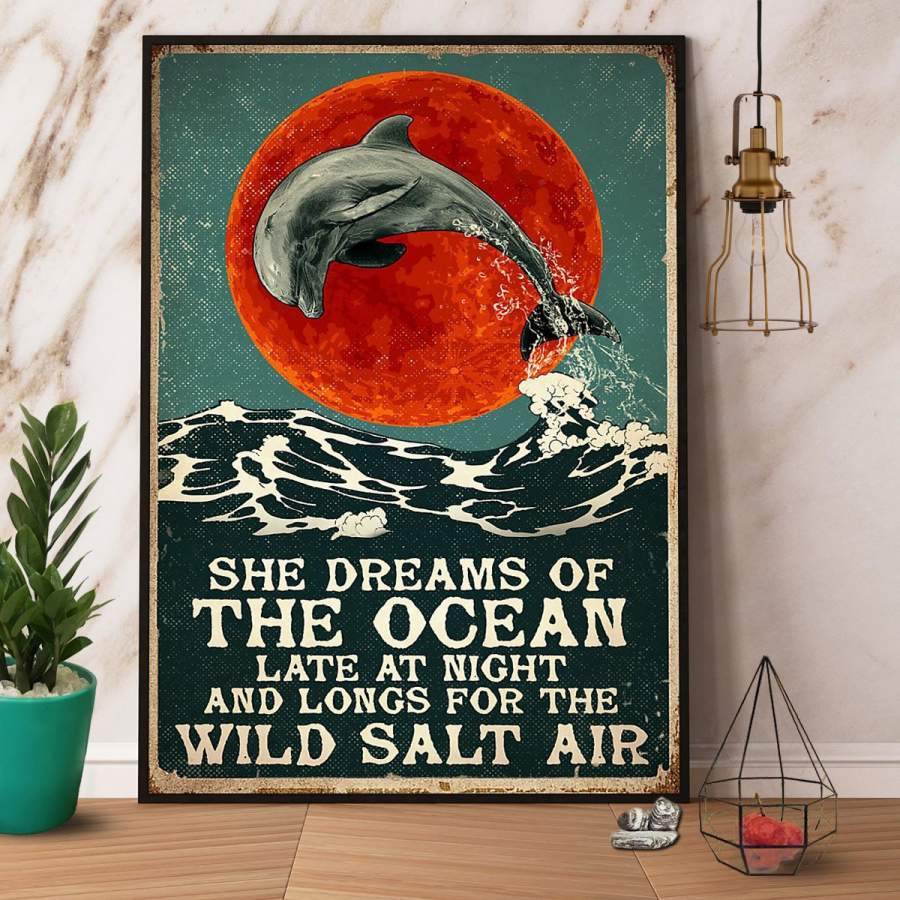 Dolphin leap on sea she dreams of the ocean late at night paper poster no frame/ wrapped canvas wall decor full size