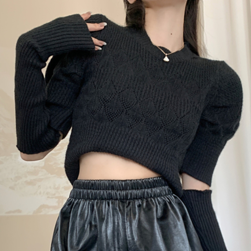 Y2K Sweet Sweater Women Korean Fashion O Neck Long Puff Sleeve Pullover Woman Patchwork Oversleeve Knitted Crop Top Dropshipping alx