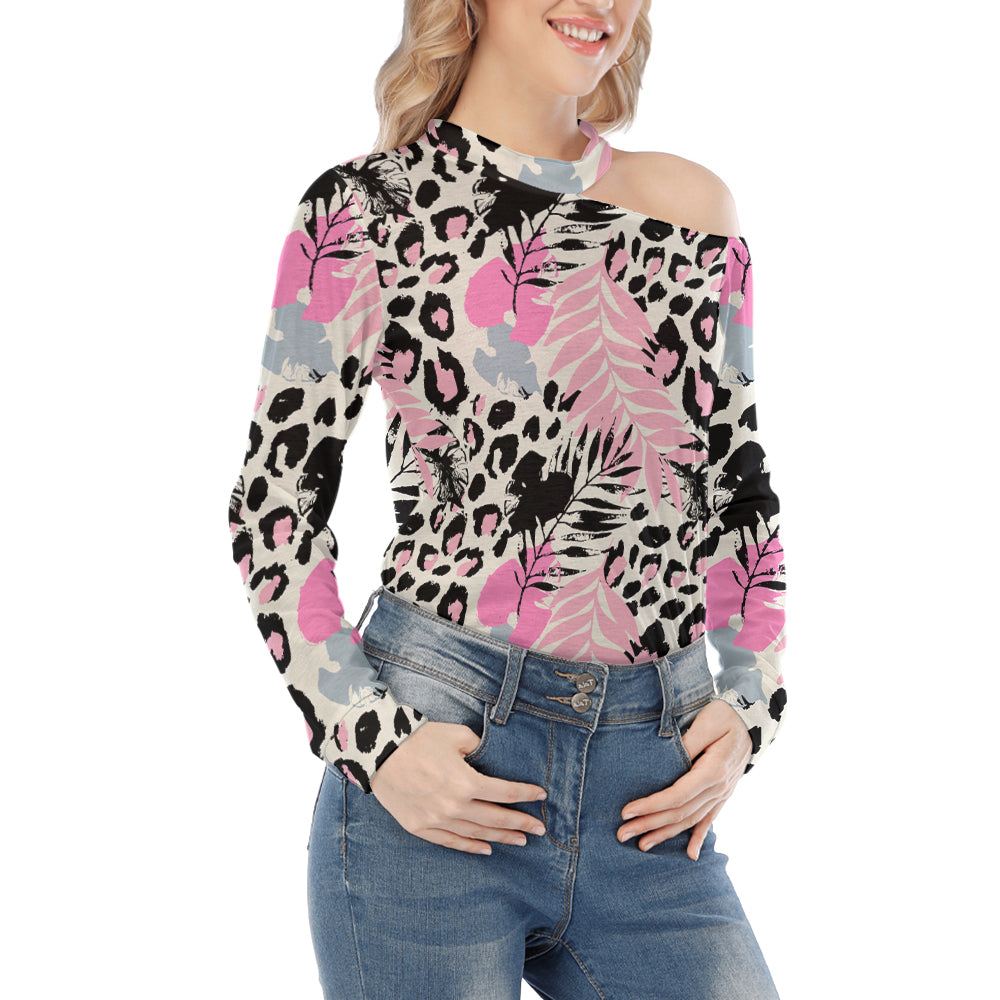 Abstract Exotic Leopard Skin Off Shoulder Knitted Long Sleeve T-Shirt