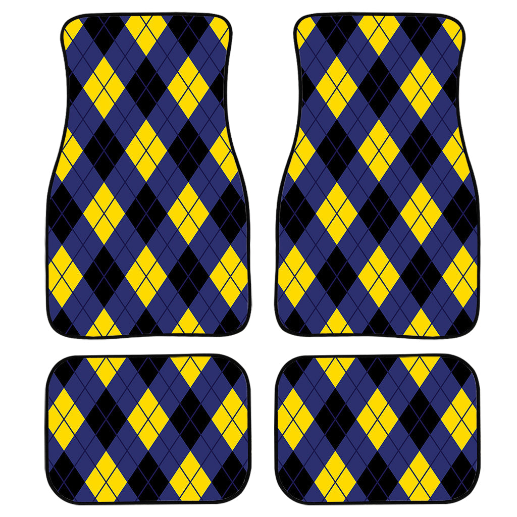 Blue Black And Yellow Argyle Print Front And Back Car Floor Mats, Front Car Mat