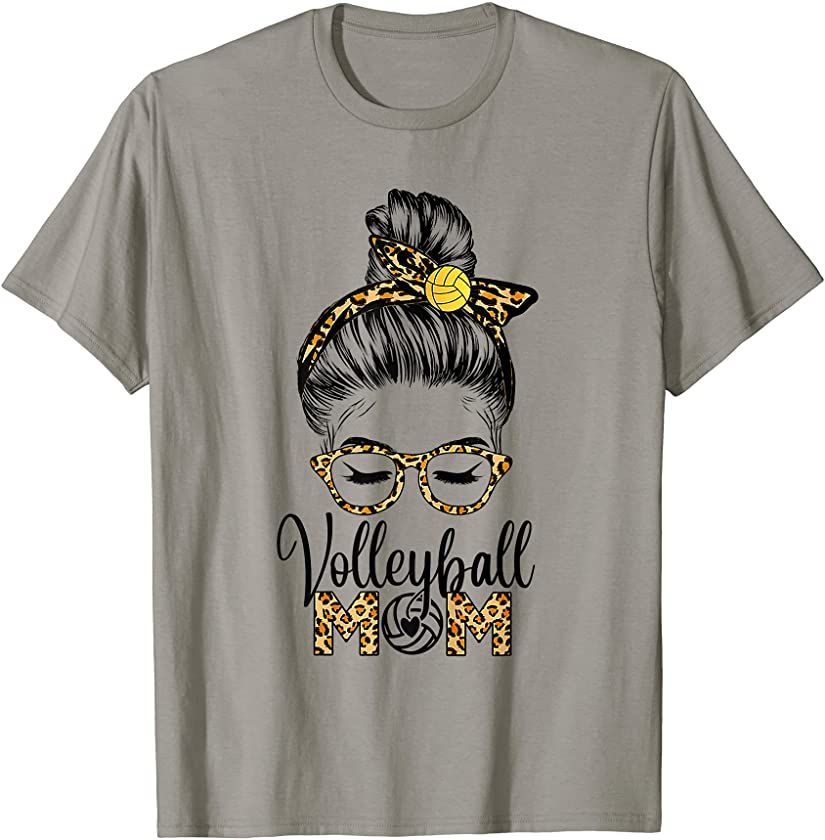 Volleyball Mom Messy Hair Bun Leopard Mother’s Day 2021 T-Shirt