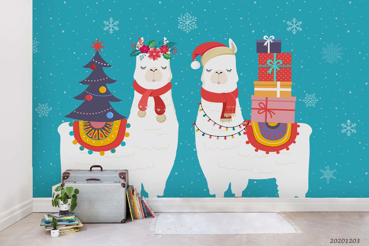 3D Cartoon Christmas Alpaca Animal Gift Tree Blue Wall Mural Wallpaper Lxl