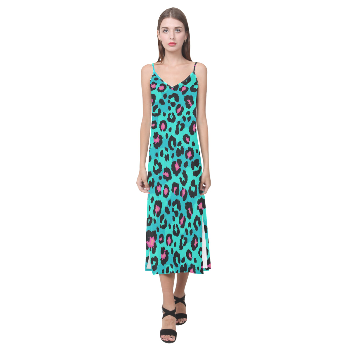 Green leopard skin print pattern V-Neck Open Fork Long Dress