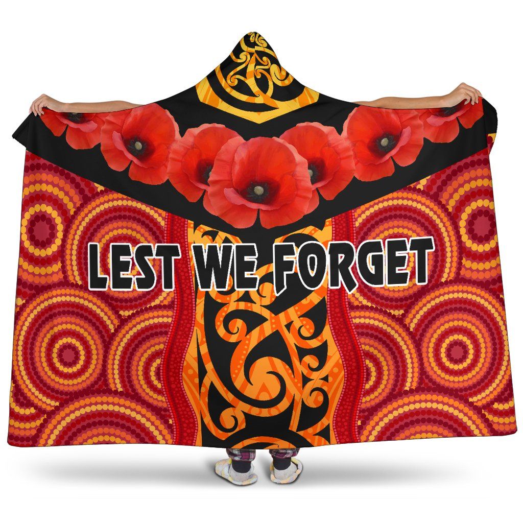 Anzac Lest We Forget Poppy Hooded Blanket New Zealand Maori Silver Fern – Australia Aboriginal K8