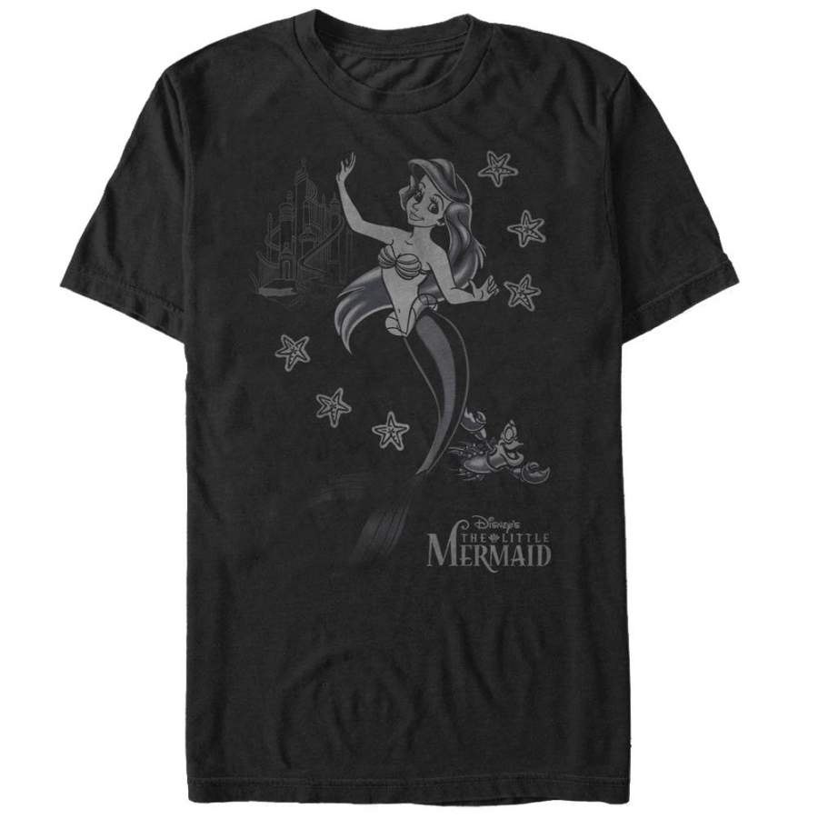 The Little Mermaid Men’s Ariel Grayscale  T Shirt Black S