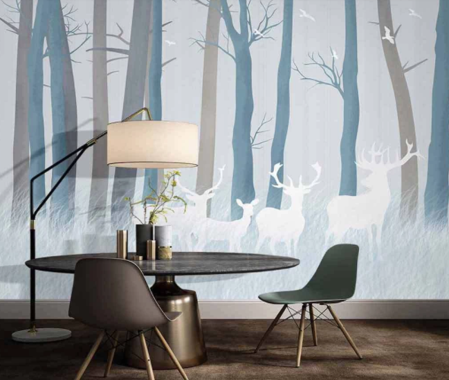 3D Hand Drawn Buck Animal Blue Tree Plant Wall Mural Wallpaper Lxl