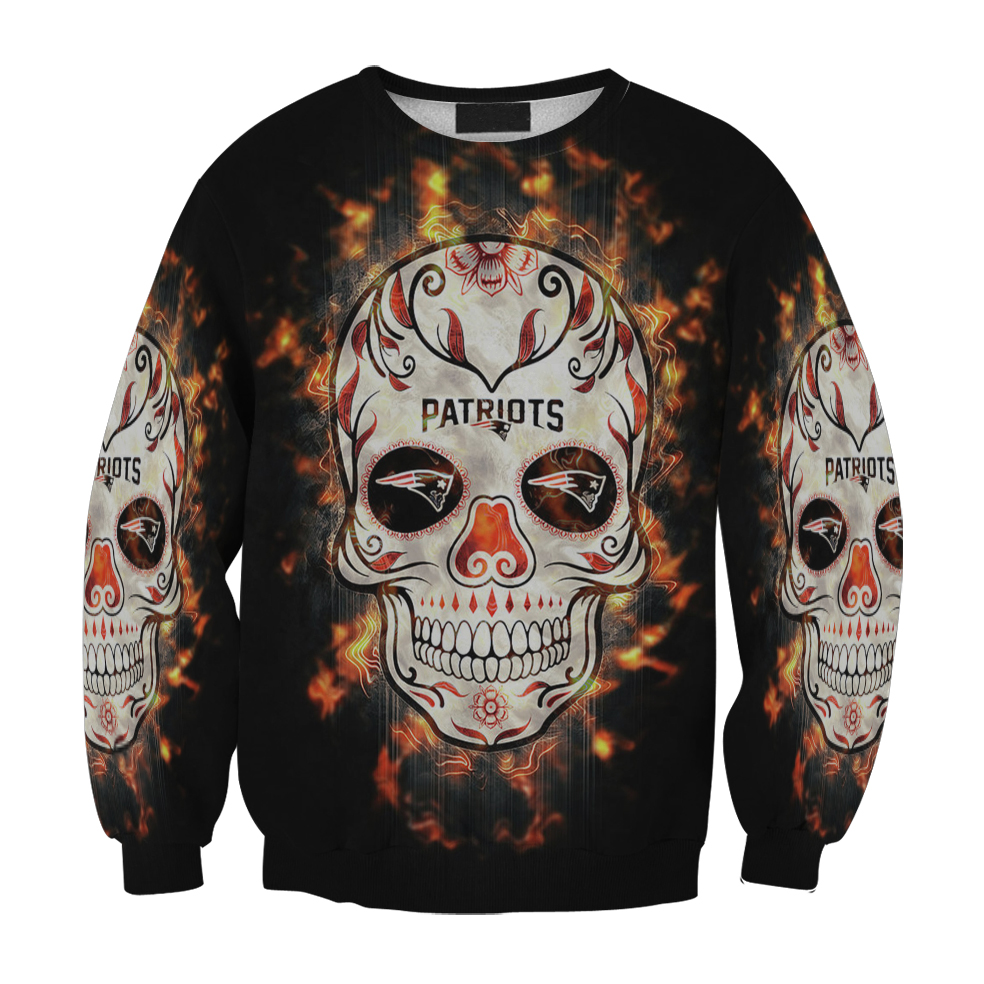 New England Patriots Skull Flowers Fire Gift For Fan 3D Full Printing Sweatshirt