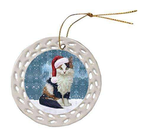 Let It Snow Christmas Holiday Calico Kitten Cat Wearing Santa Hat Ceramic Doily Ornament D068