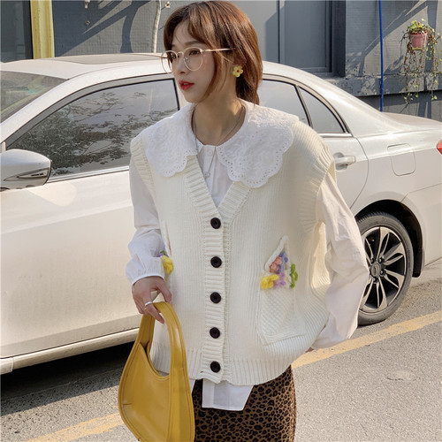 Sweater Vest Women Pockets Sleeveless Sweet Students Fashion Chic All-match Knitted Floral Youthful Autumn Baggy Girl Clothing alx