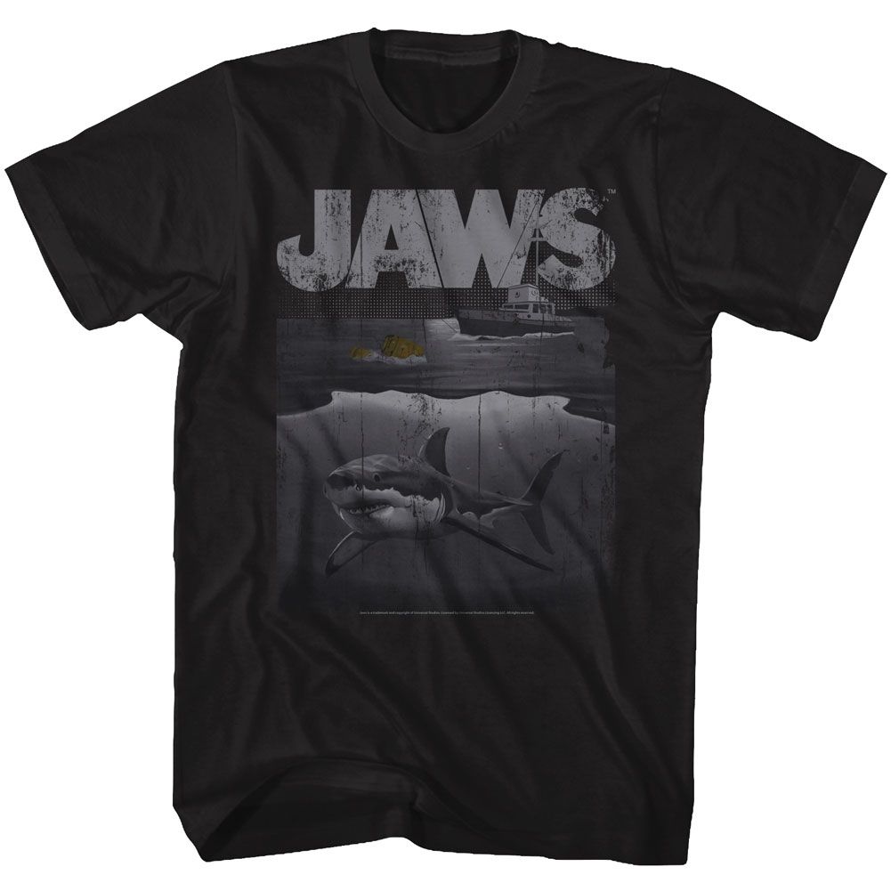 Jaws-Shark Boat-Black Heather Adult S/S Tshirt