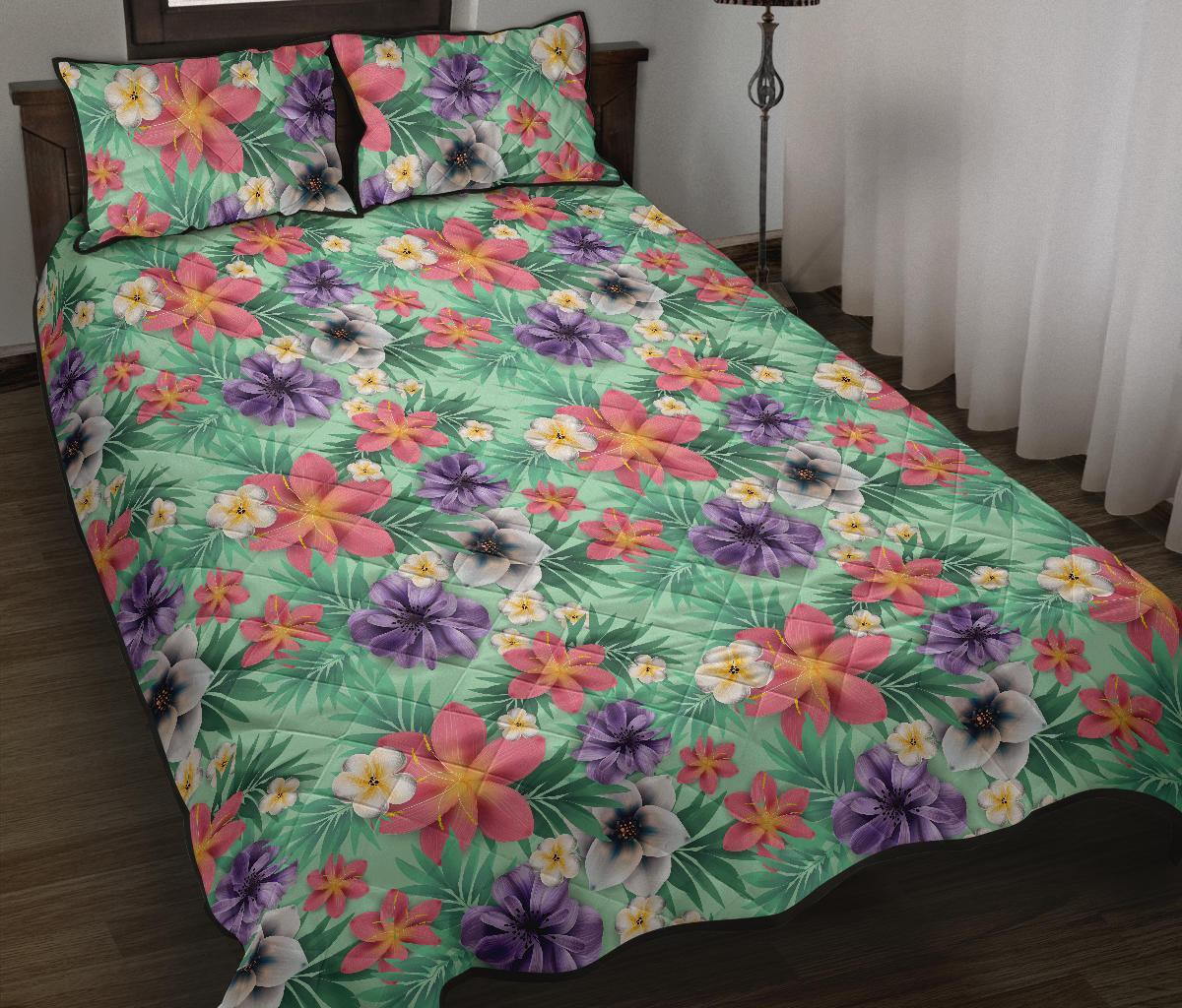 Hawaii Quilt Bed Set Tropical Flower Blossom Cluster Seamless Pattern Tropical Flowers Palm Leaves Plant And Leaf AH J1