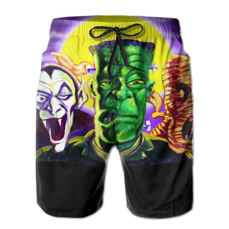 2 Pack Frankenstein Halloween Monsters Horizontal Poster Men Swim Trunks Drawstring Elastic Waist Quick Dry Beach Shorts with Mesh Lining Swimwear Bathing Suits