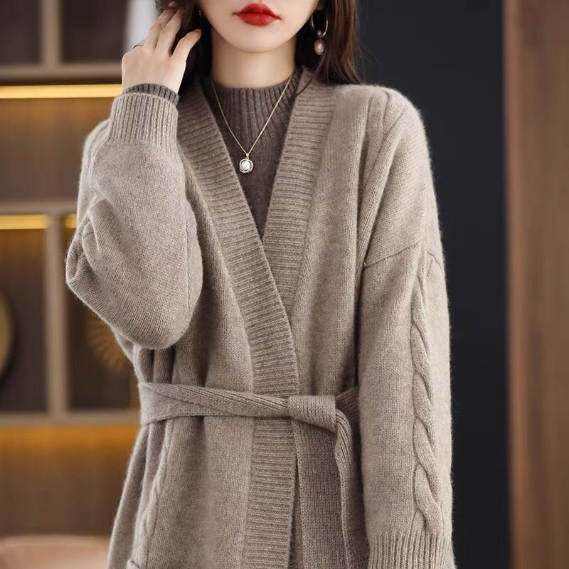 100% Pure Wool Cardigan Women’s Sweater Thickened Medium And Long V-Neck Knitted Lace-Up Coat Loose Lazy Belt alx