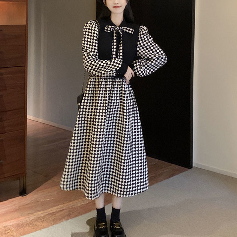 Autumn Winter Korean Style Vintage Plaid Patchwork Dress Women Elegant Long Sleeve Fake Two Piece Waist Dresses Bow Casual Robe alx