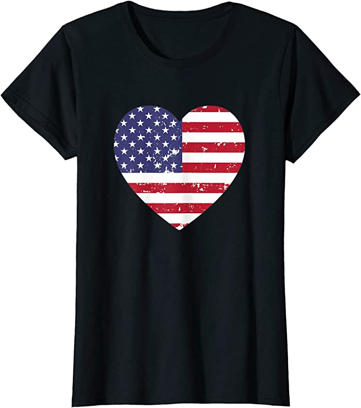 Womens 4th Of July Vintage Design American Flag Heart Patriotic T-Shirt