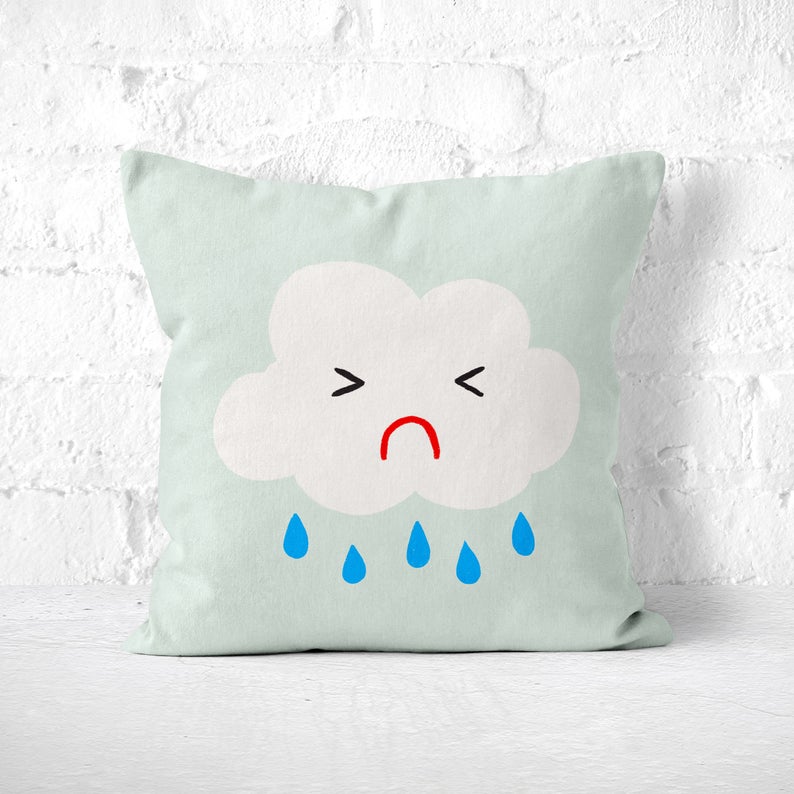 Rain Cloud Throw Pillow, Cute Funny Cushion, Light Blue Green, Quirky Kids Room Decor