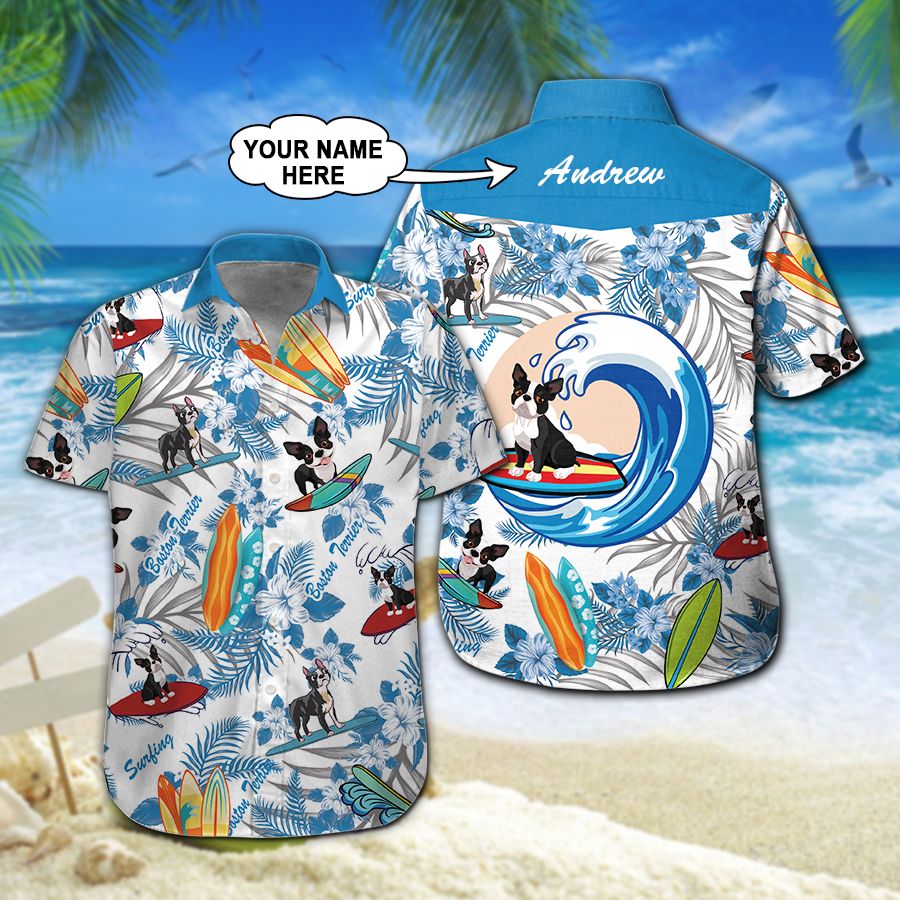 Boston Terrier Surfing Custom Name Hawaiian Shirt 210 ND4556