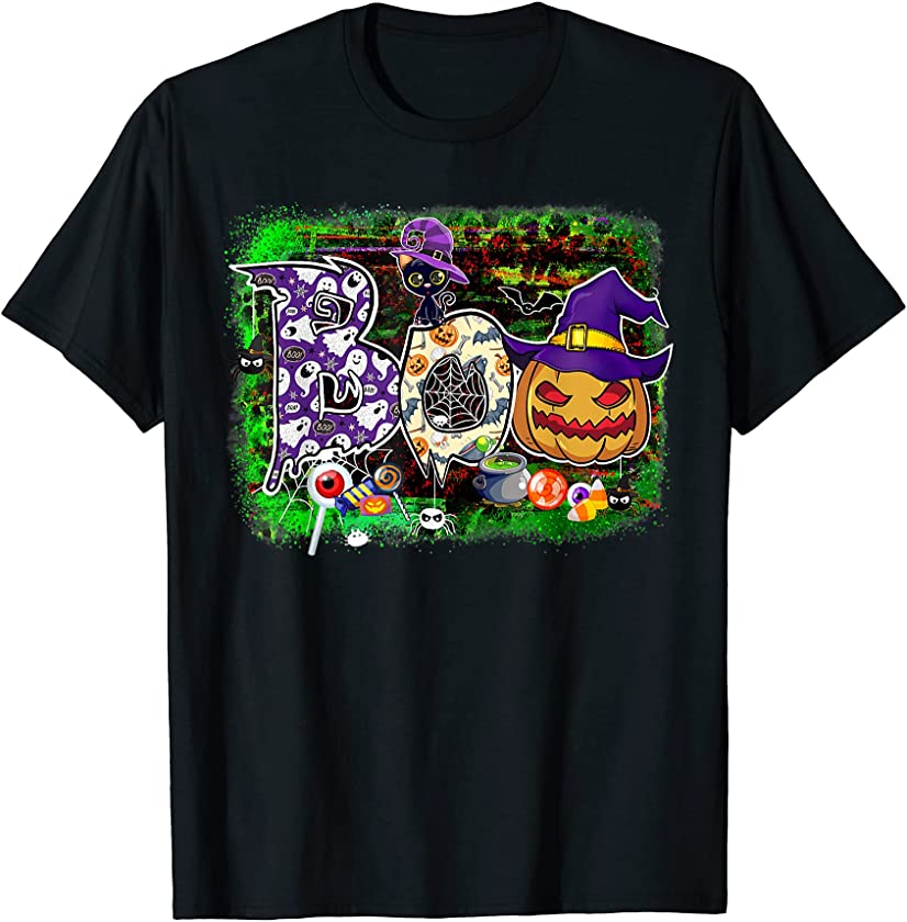 Boo Halloween Candy Pumpkin Witch Spider Black Cat Bleached T-Shirt