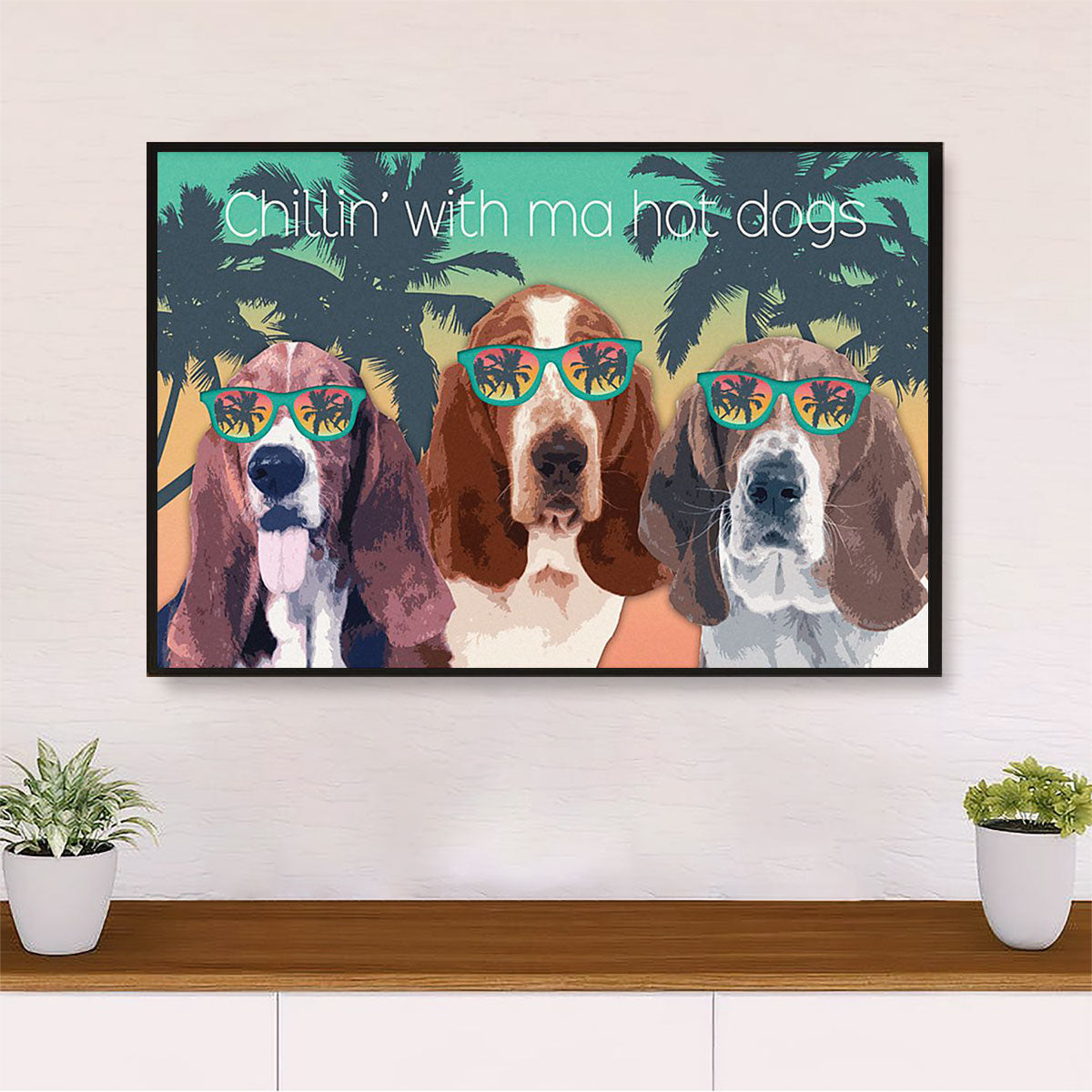 Basset Hound Canvas Wall Art | Summer Beach Chillin With Dogs | Home Décor Gift For Miniature Puppies Lover